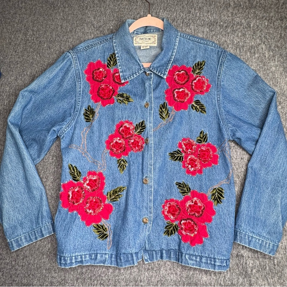 Tantrums Blue Jean Jacket with Red Floral Embroidery
